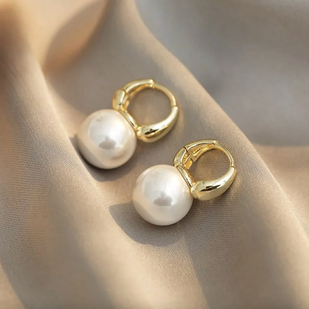 925 Sterling Silver Large Pearl Hoops Big Pearl Statement Earrings - Picture 4 of 4